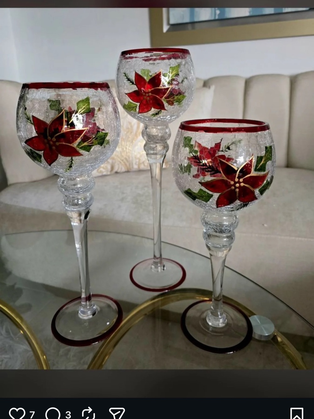 Hand-Painted Holiday Stemmed Candleholder Glasses with Holly Motif (Set of 3) - Picture 7 of 8